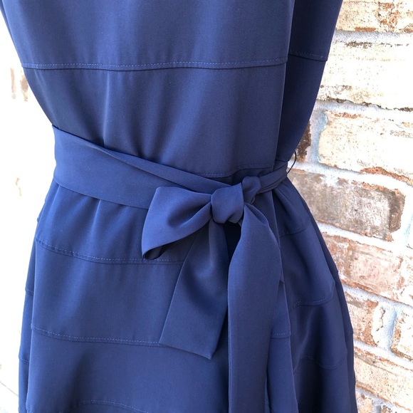 Calvin Klein Stretchy Tear Sleeveless A line Side Zipper Navy Belted Dress 8 - Picture 3 of 16